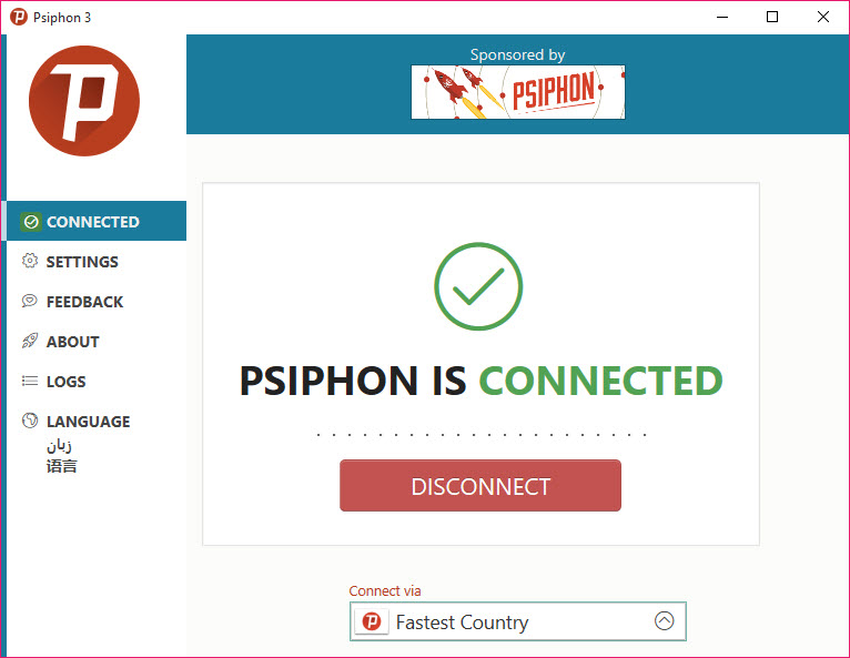 Psiphon main interface auto-connecting to secure VPN server on Windows