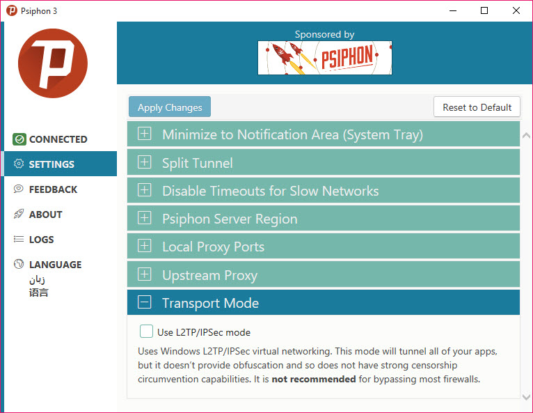 Psiphon statistics tab showing usage data and session time