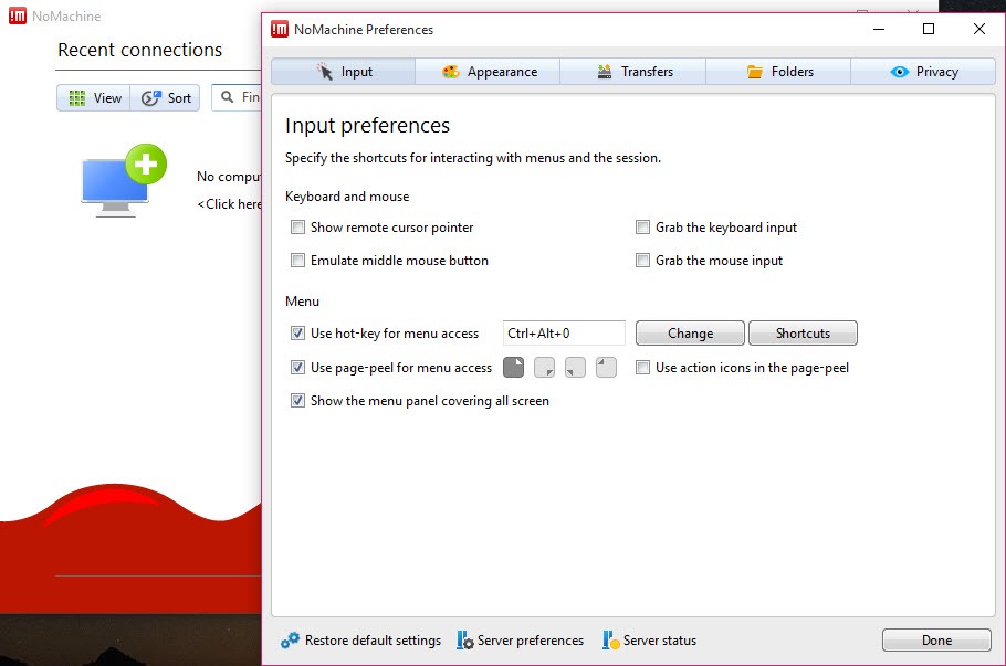 Remote session using NoMachine with full-screen and control panel options