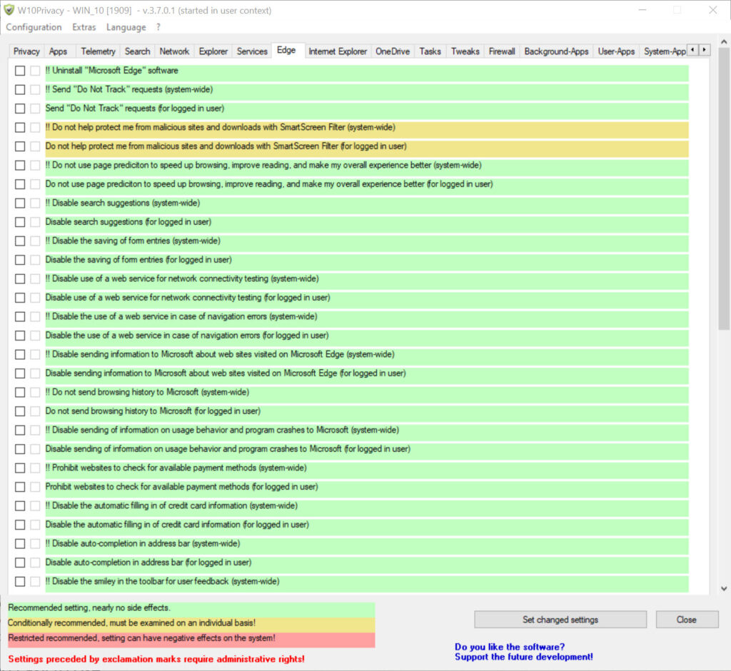 W10Privacy privacy tab with telemetry and data collection toggles