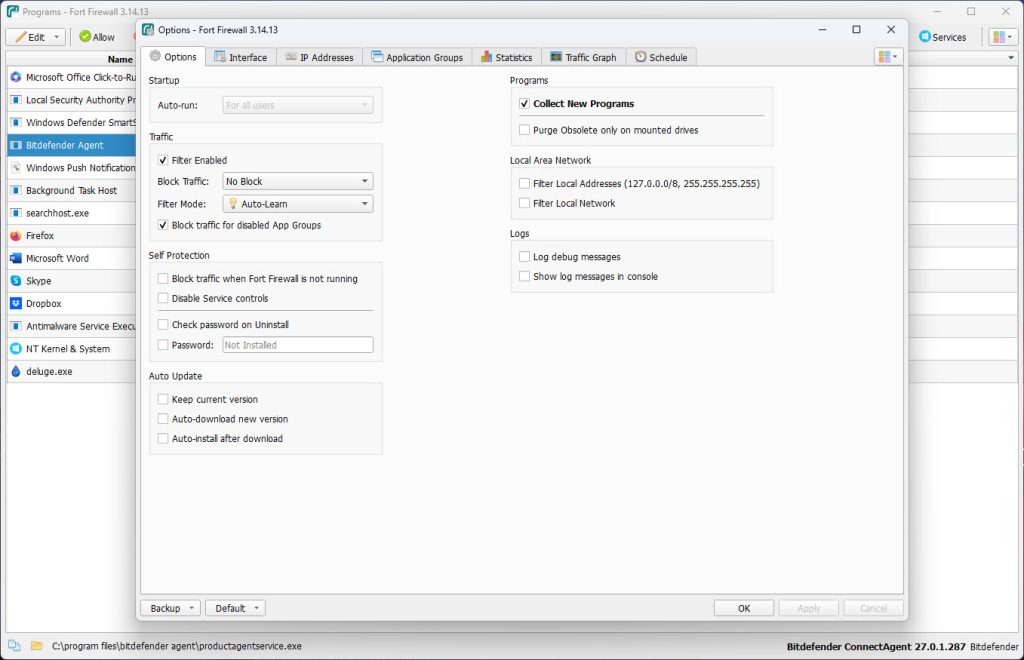 Profile selection and creation menu in Fort Firewall settings