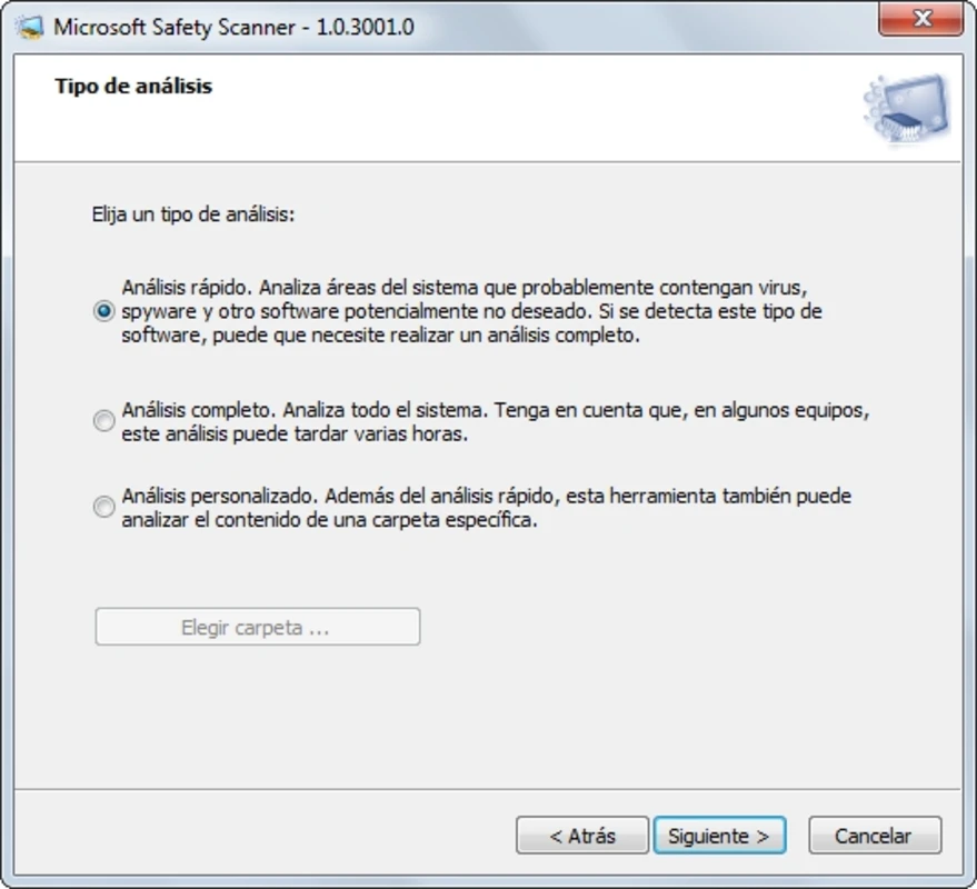 Microsoft Safety Scanner start screen with scan type selection