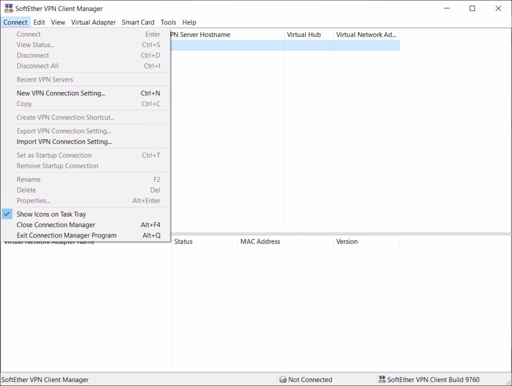 VPN Gate Client Plug-in settings menu