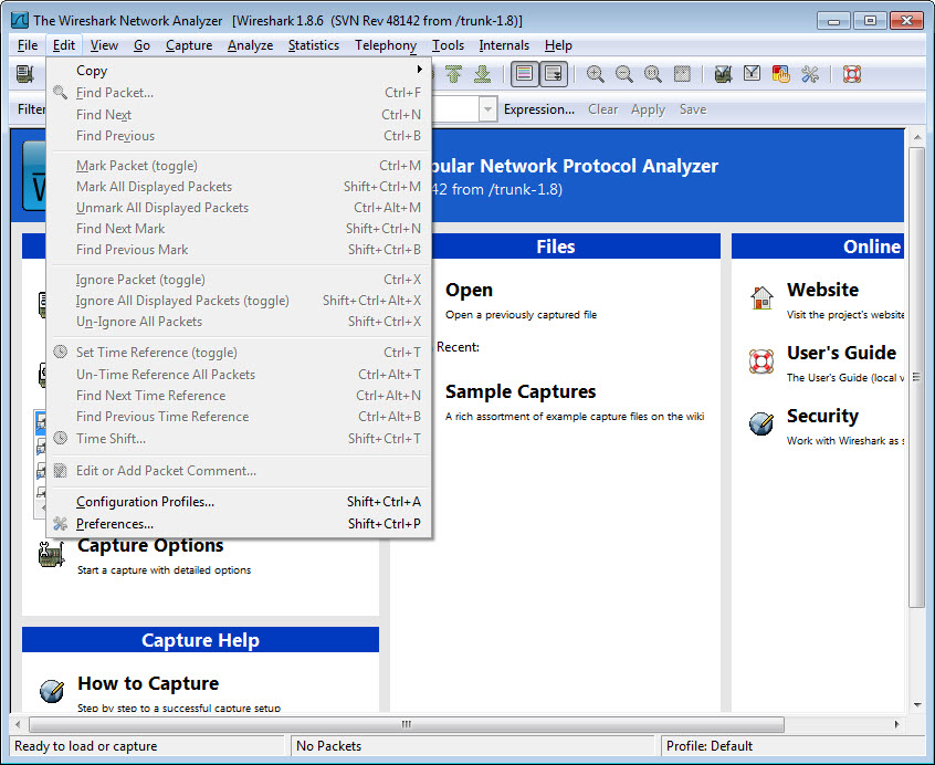 Wireshark network statistics and protocol analysis graph