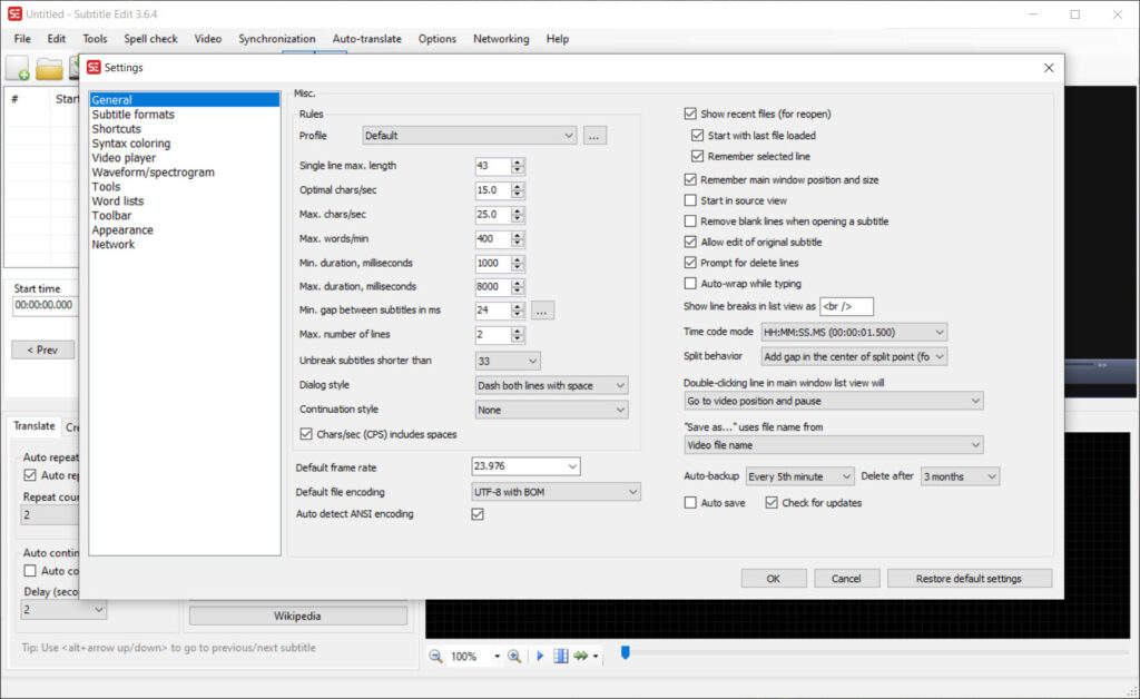 Batch conversion panel in Subtitle Edit software