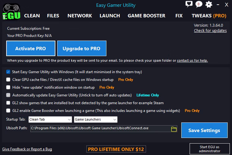 Easy Gamer Utility main dashboard with optimization tools