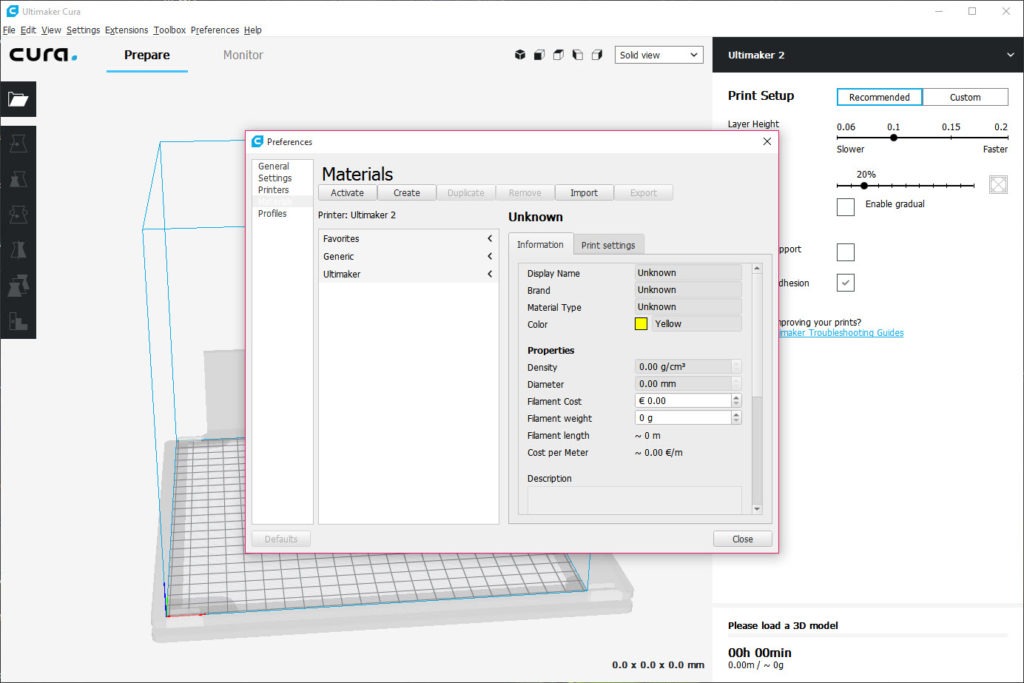 Cura interface showing main dashboard