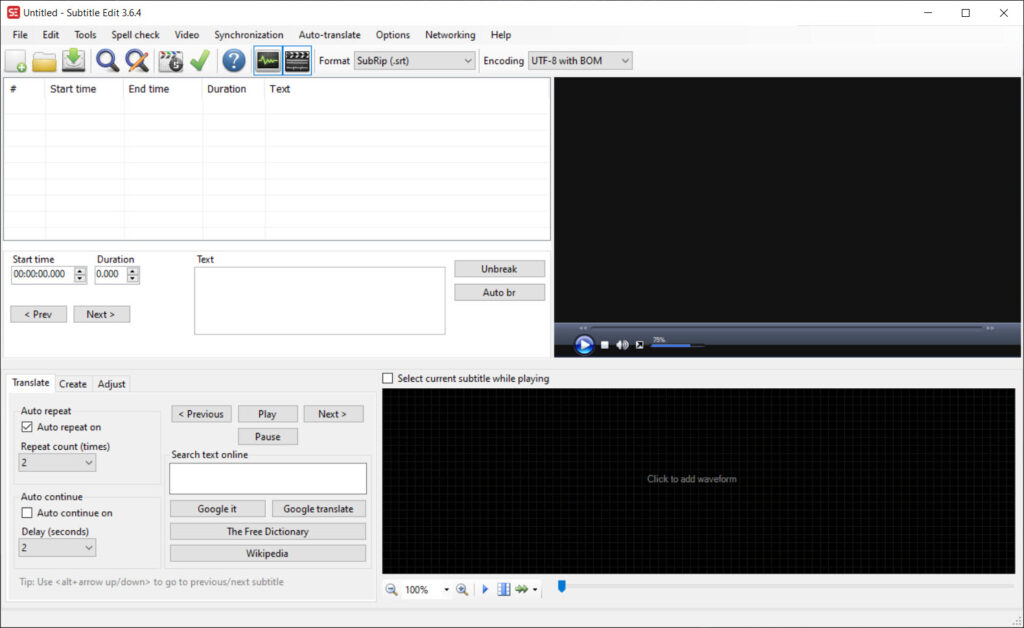Subtitle Edit displaying waveform and subtitle timing