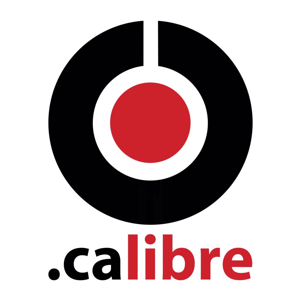 Calibre logo with open book design.
