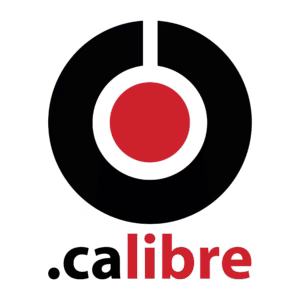 Calibre logo with open book design.
