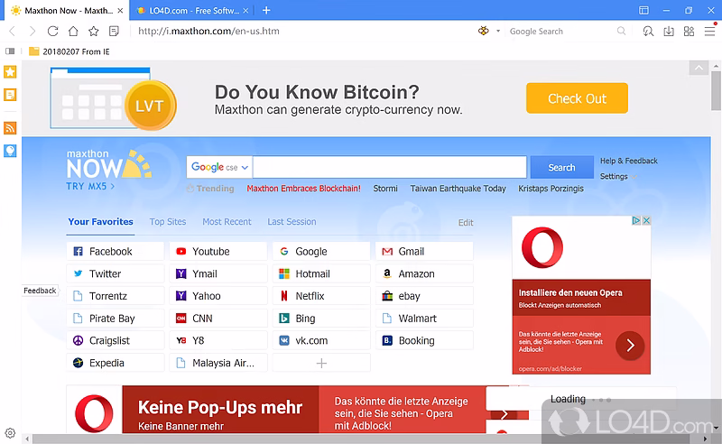 Maxthon browser home screen with cloud sync enabled.