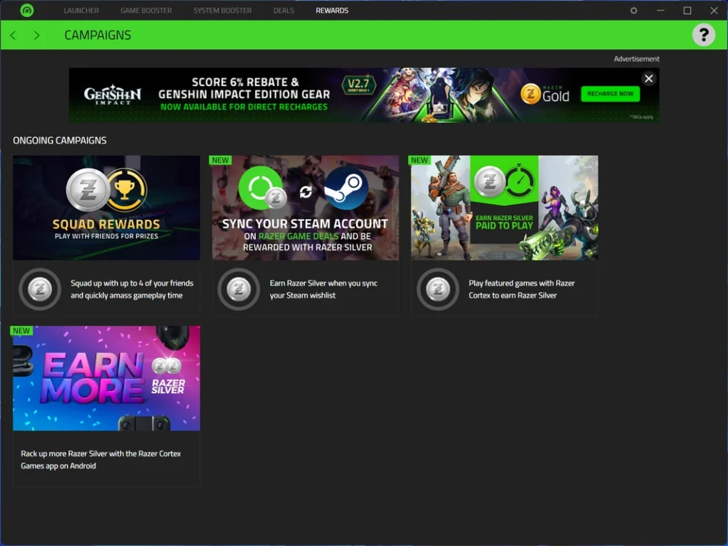Razer Cortex dashboard showing system optimization tools