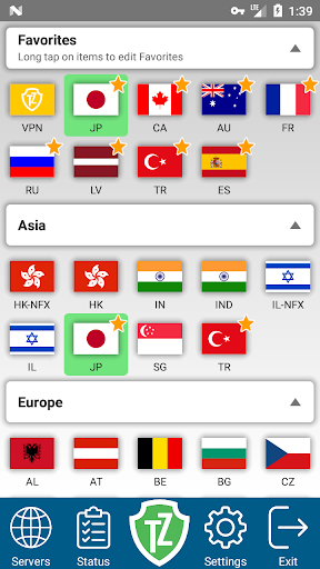 Zone VPN server list and connection status