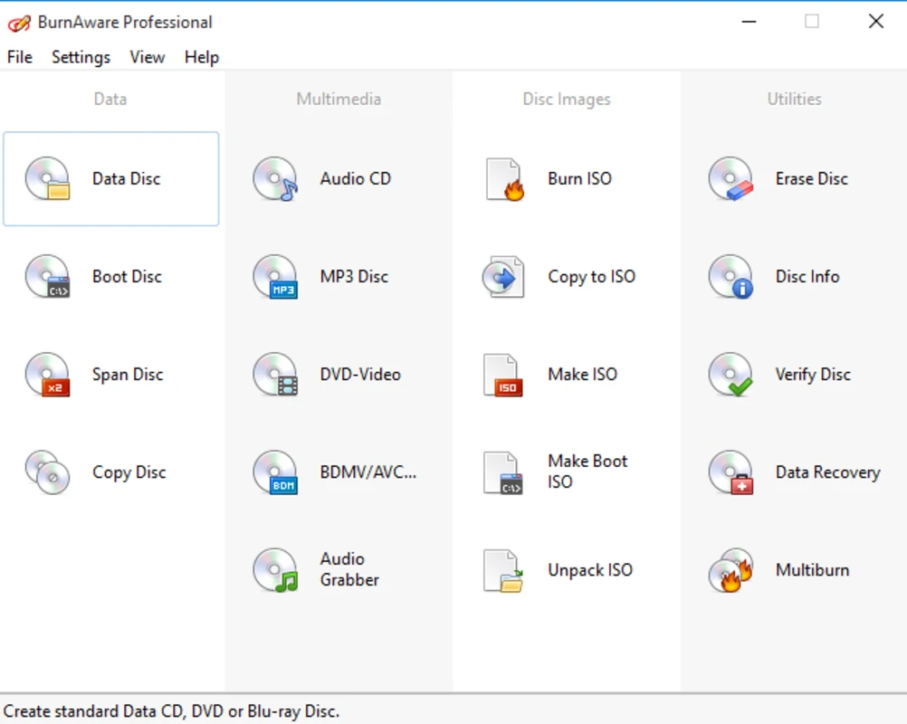 BurnAware main dashboard with burning options