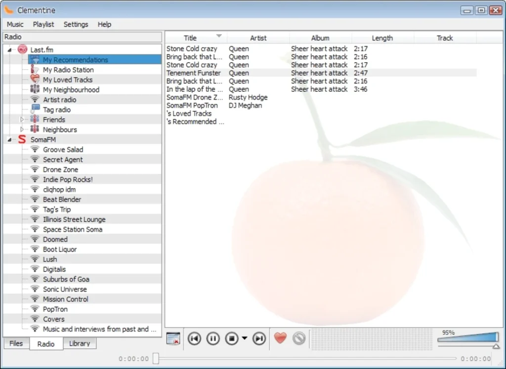 Clementine Music Player main dashboard with playlist view