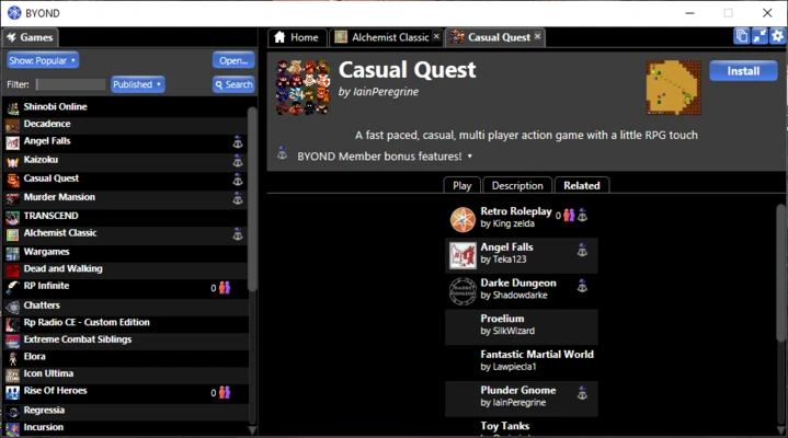 BYOND client interface showing game library and tabs