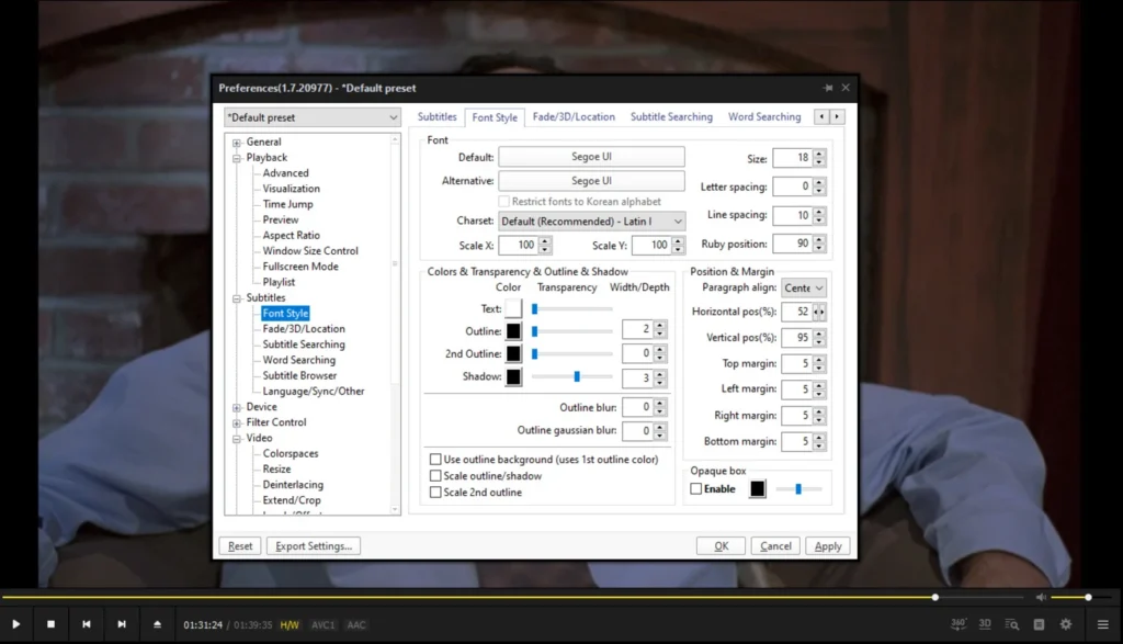 settings panel showing codec and audio options