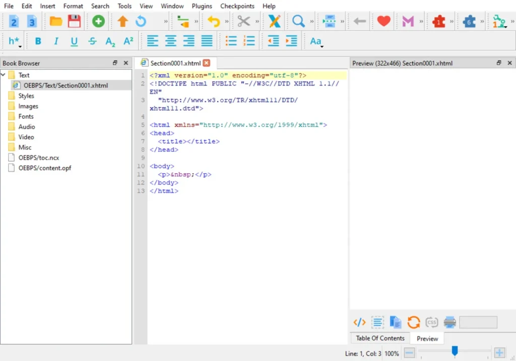 Sigil free download interface showing EPUB editing workspace
