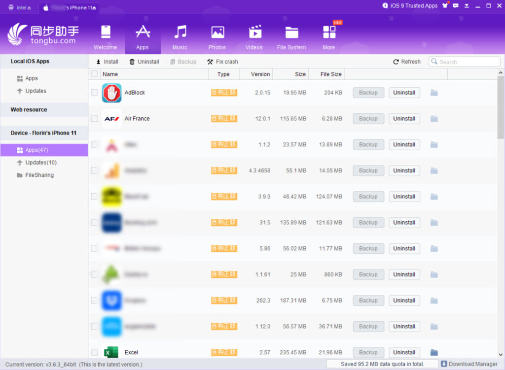 App manager screen displaying installed apps and games on mobile device