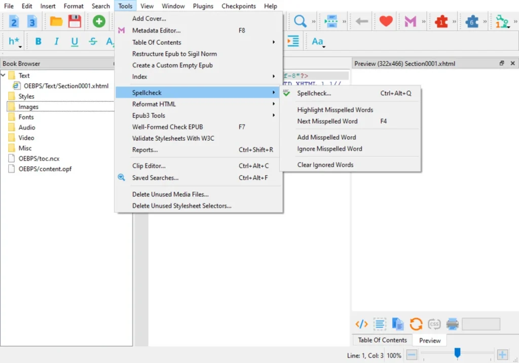 Sigil code editor with HTML and CSS customization options