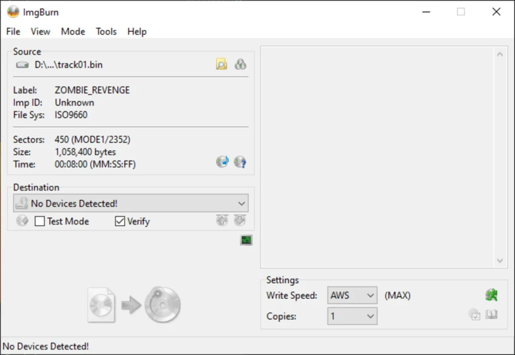 ImgBurn main interface showing disc burning options