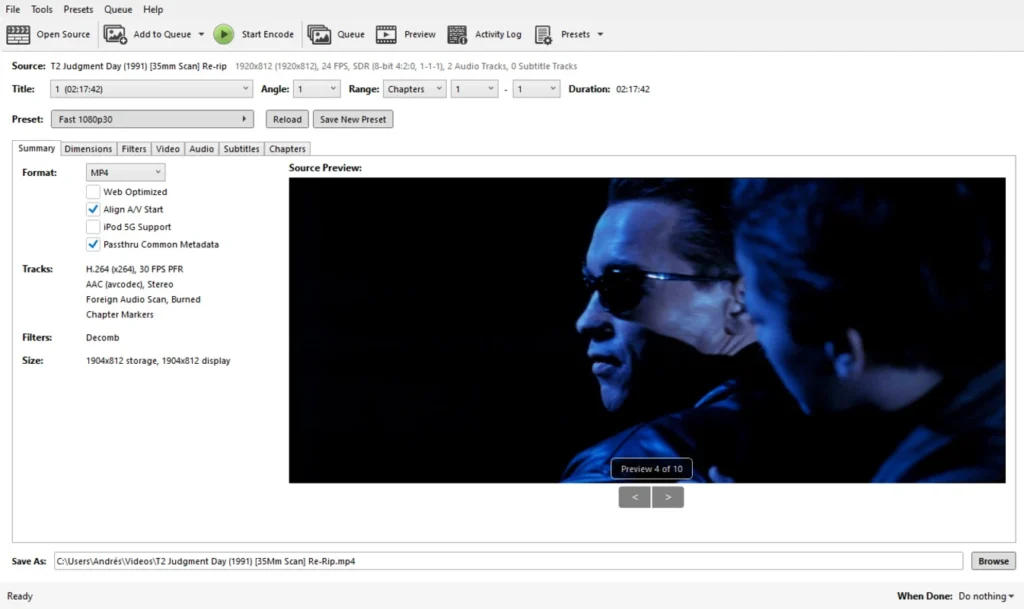 HandBrake interface showing video conversion dashboard