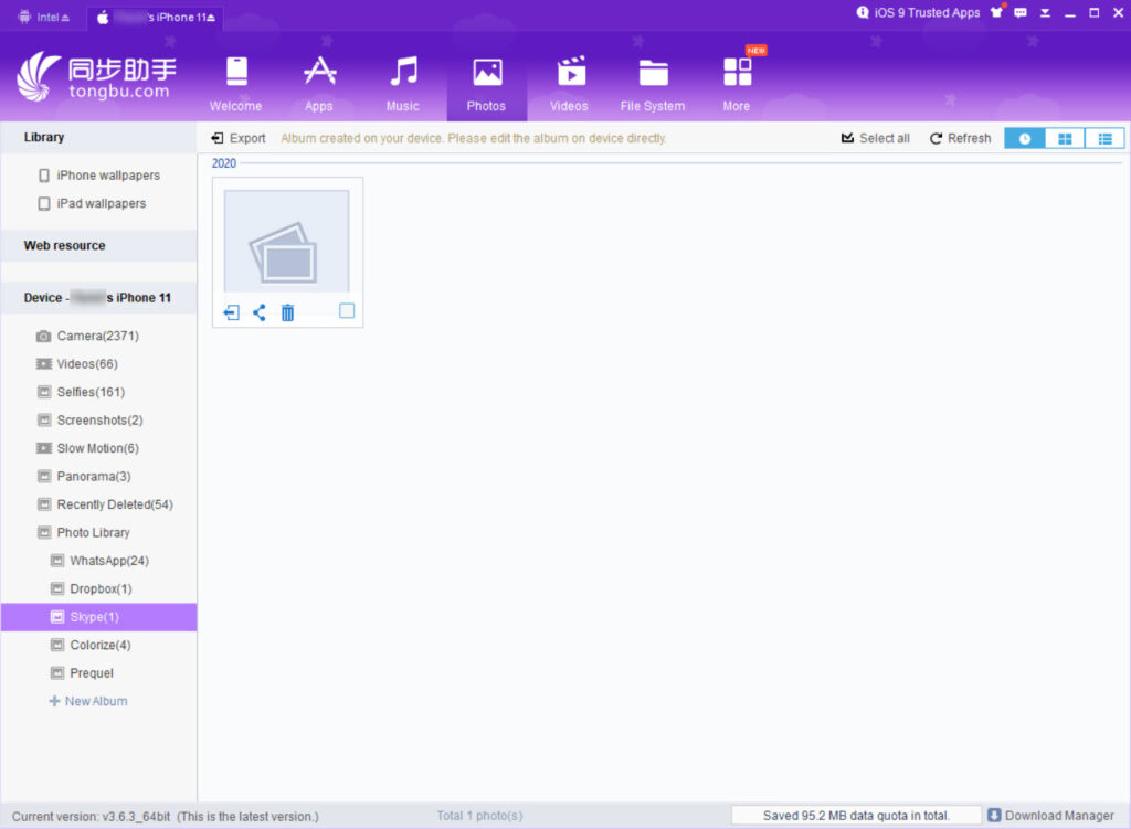 Main dashboard showing connected iPhone device info and backup options