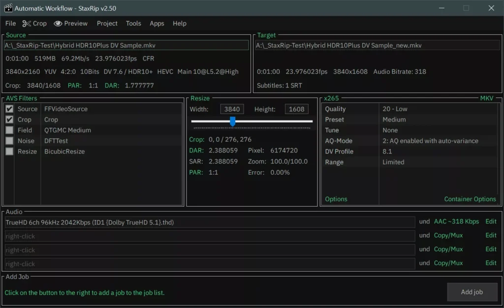 StaxRip interface showing video encoding dashboard