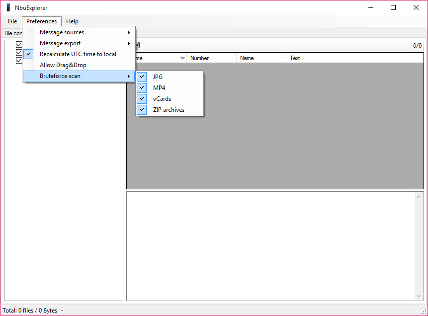 NbuExplorer main interface showing Nokia backup file contents in dual-pane view