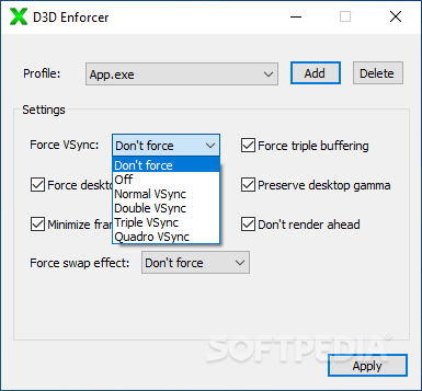 Settings panel with presentation interval and back buffer controls